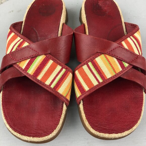 Timberland Women's Size 8.5M Red Stripe Genuine Leather Slip On Slides Sandals - Picture 4 of 14